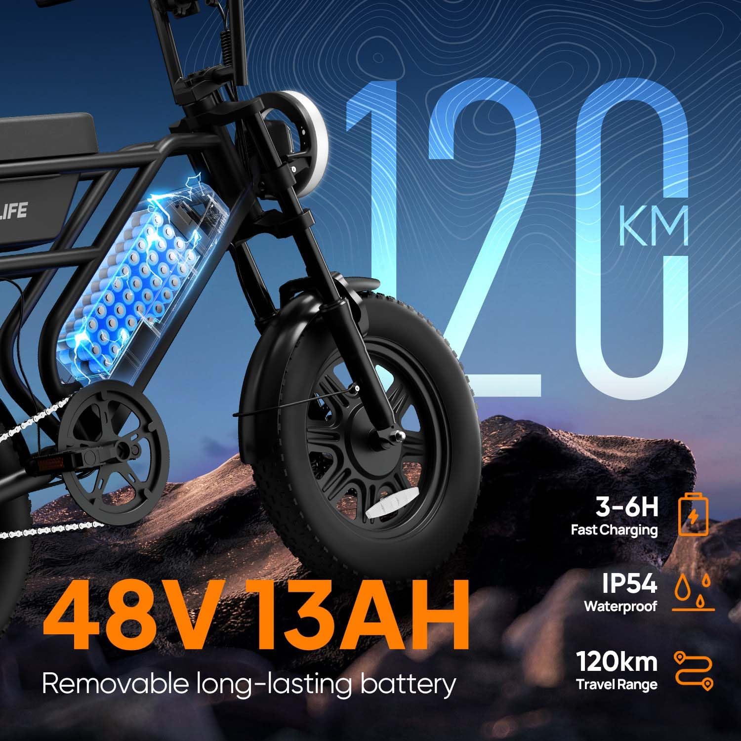 URLIFE 16" x 3.0 Electric Bike, 48V 13Ah Removable Battery, 250W Brushless Motor, 120km Range, Ebike with Dual Suspension, Lockable Storage Box for Teenagers and Adults (Black)